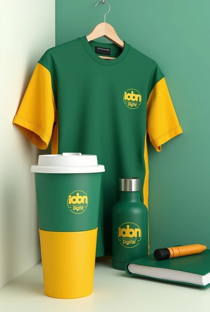 Généré moi Des vêtements personnalisé , thermos , porte clef et  tasse de café de couleur vert foncé de marque IABN Digital en couleur jaune 