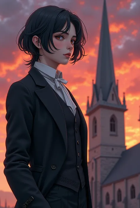 A white person with black hair wearing 1900 clothes above a gray church with the sunset in the background in the year 1900 anime type man 