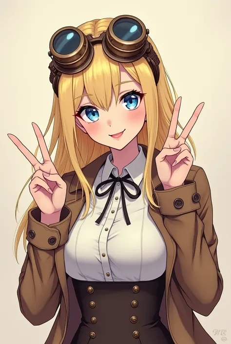 Create a drawing of a beautiful girl with blonde hair, blue eyes, shes wearing a pair of steampunk googles on her head, shes also wearing a brown dust coat with a tight buttoned shirt inside of the dust coat showing her breasts, shes posing making a v sign...