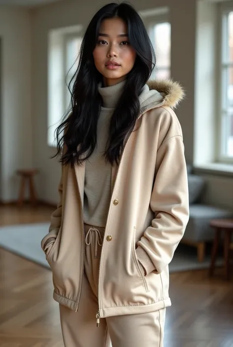 "Create a realistic full-body photo of a confident woman of European descent with long black hair. She is wearing a winter tracksuit identical to the one in the reference video. The outfit consists of:

Pants: Simple and fitted winter sports pants.
Sweatsh...