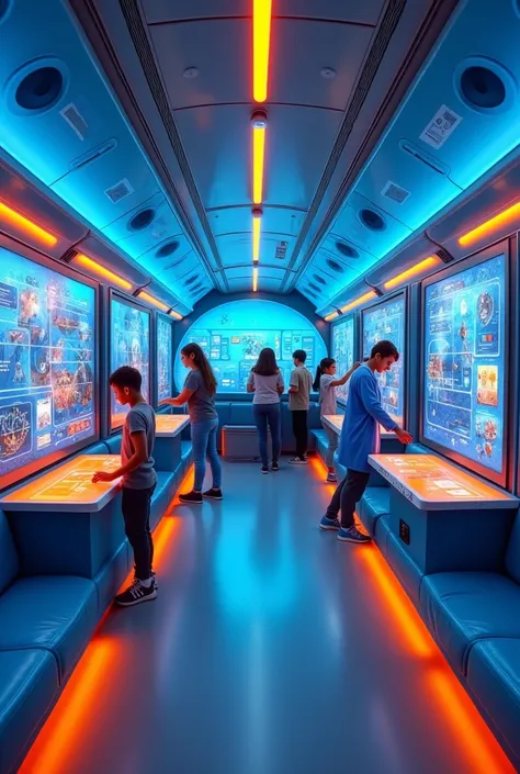 Create me an image of interior design of science exhibition bus. Place 10 poles with science exhibi.   and people can play with the exhibit. The interior looks attractful with theme color blue and orange. Put the lighting with suitable colour that people c...