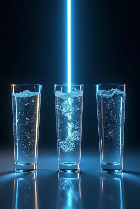 Show me 3 glasses aligned with water , with a laser that pierces them through the air