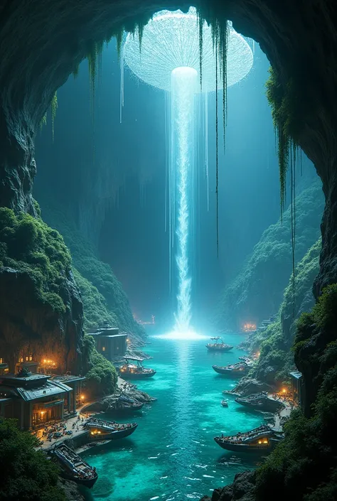 Deep beneath the surface of an alien world lies a fascinating underground kingdom where technology and nature blend seamlessly, with a distinctly ancient Thai identity. Waterfalls of liquid light cascade down crystal-clear pools, illuminating a vast harbor...