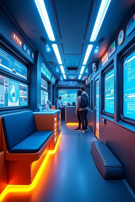 Create me an image of interior design of science exhibition bus. Place 10 poles with science exhibi.   and people can play with the exhibit. The interior looks attractful with theme color blue and orange. Put the lighting with suitable colour that people c...