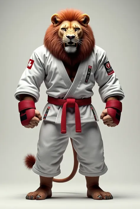 Create an ultra realistic image of a roaring lion standing up dressed as a bad-faced jiu-jitsu fighter.white and red clothing.