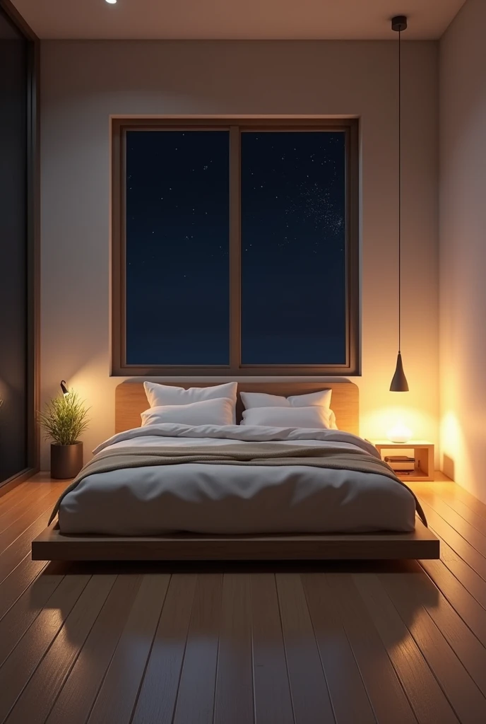 A 3D illustration of a modern bedroom at night, viewed directly from the front wall. The room features a large bed with white linens and a beige blanket, positioned centrally against the wall. Soft, ambient lighting comes from a table lamp beside the bed, ...