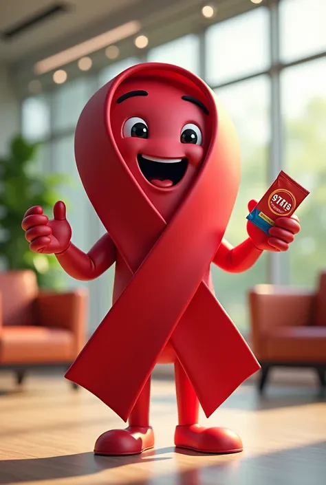  Create a humanized and friendly mascot for the STIs awareness campaign ,  including Red December . The mascot will be a red ribbon ,  campaign symbol ,  holding condoms and is in a background that represents a leisure area in an office lobby.  The pose is...