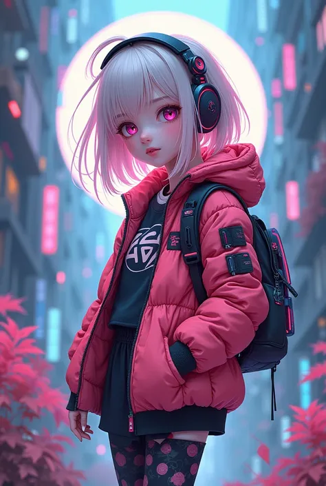 Cute  ,   with fair hair and cyberpunk anime-style clothing