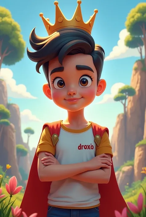 Image of a boy with short hair and a crown ,  his hands crossed and in the background a free theme and that his shirt is heroic in free and says the frace” Droxo” but that the frace is small, Make it a free t-shirt 