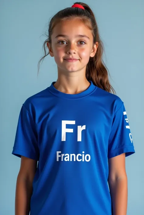 Blue jersey of the French national team 2024 , On the front side the chemical symbol Francio in your white periodic table, without the Adidas brand logo and that a girl is wearing