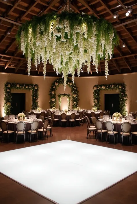 Design a square white dance floor as the central focus, with a stunning floral chandelier suspended above, featuring cascading greenery and blooms in white and cream tones. Surrounding the dance floor are 16 rustic, dark brown frailera tables, each seating...