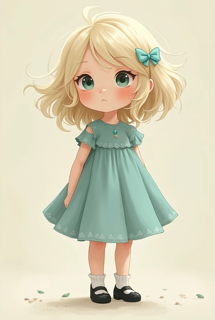 Cream-haired preschool girl ,  wearing a light blue dress and black shoes,  with turquoise tips , light skin,  studio Ghibli style 