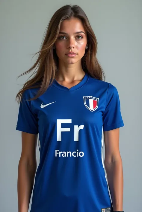 Blue jersey of the French national team 2024 ,  is wearing the chemical symbol francio in her white periodic table in the front, And that a girl 