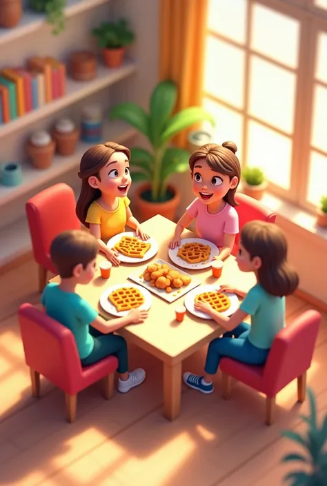 cartoonic, isometric illustration of friends chatting in a dining table with waffles in hand.