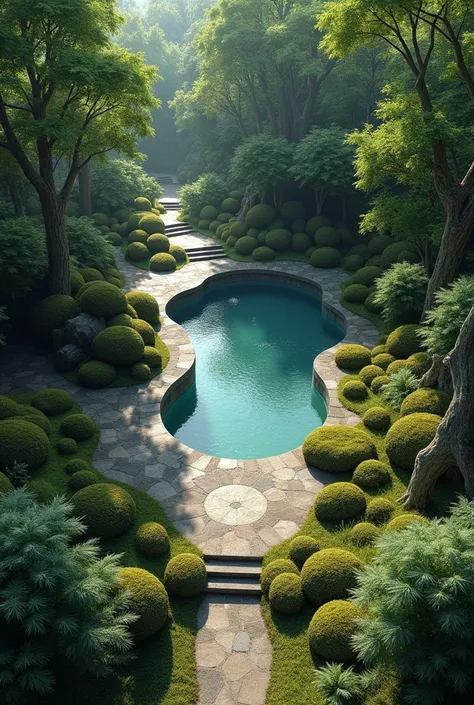  Create me a secret forest with a small pool of water ,  in architectural plan ,  from above