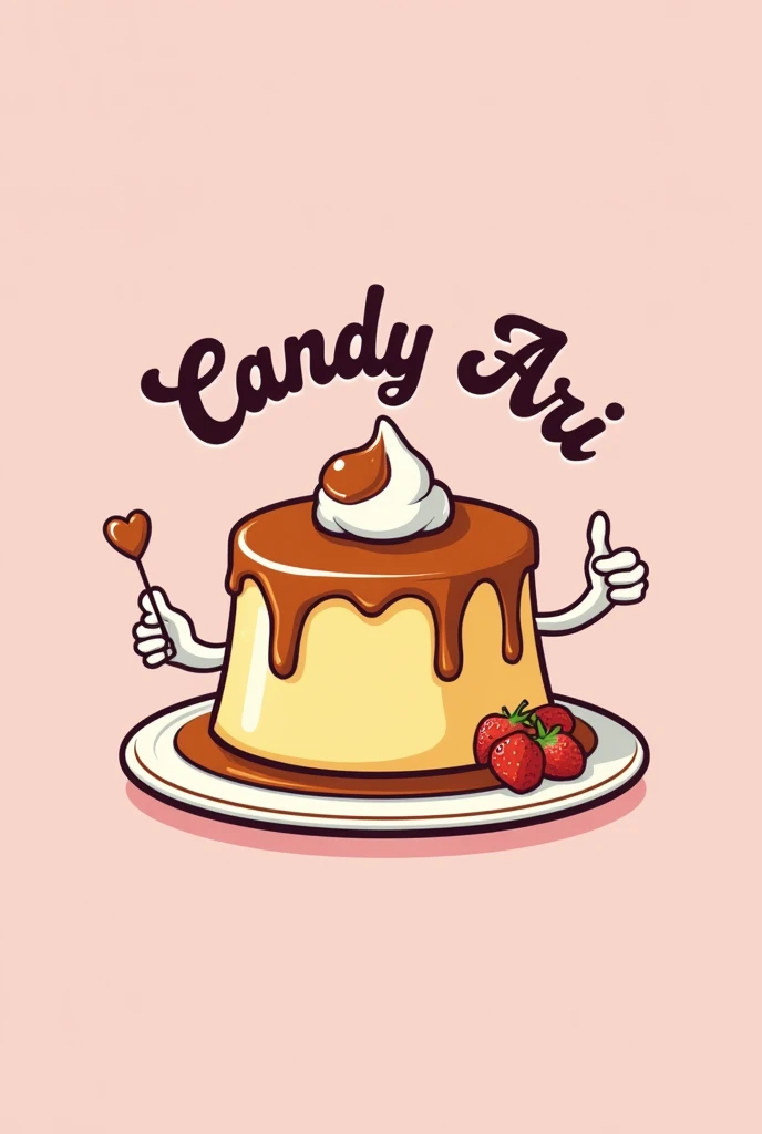  It illustrates a logo for a dessert business called Candy Ari that has as its main image a caramel flan caricaturized retro characters style,  that you are walking half way and that your thumb is up ,  that the strokes of the drawing are simple ,  that th...