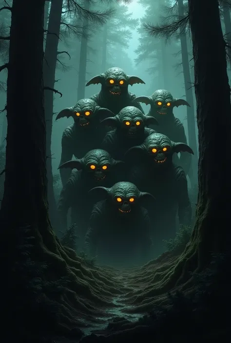 Gremlins, skull, yellow eyes, faceless, distorted skin, scary, pine forest, faceless germlins