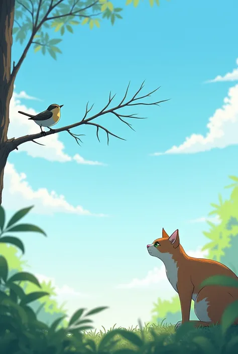 "A small bird sitting on a tree branch, looking down at a cat with gratitude. The background shows a sunny day with clear blue skies and a few clouds."