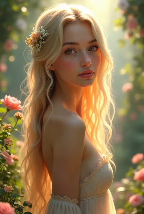 Beautiful girl with long wavy blonde hair, a beautiful dress with brown eyes and in a garden that looks as if in a dream not so skinny 