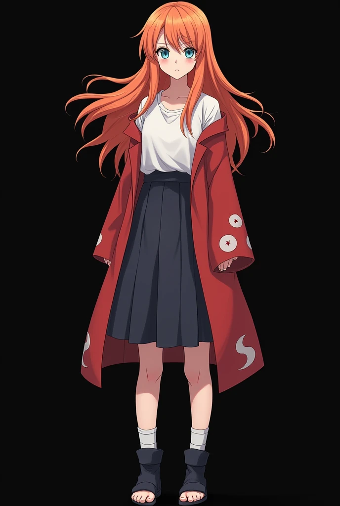 (photoanimenaruto:2.3), Female Character from Naruto, Age: .  full body . Made with the features of the anime Naruto .  Straw Doll Spell: Resonance . Height: 1,60 m,  Weight: 50 kg,  straight fire-colored hair with two white locks highlighted on the front....