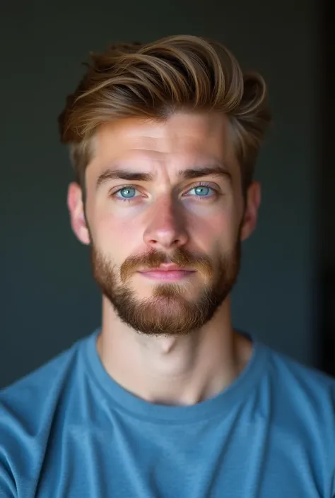 a 21 year old man with a beard ,  light brown hair and blue eyes wearing a blue shirt posing for a photo,  attractive and handsome face , handsome awesome realistic, Attractive Man, Attractive facial features,  handsome male , perfect Beautiful face, Young...