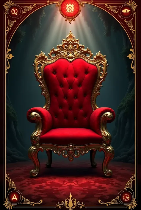  Create the design of a tarot-style playing card with symbols but sexual with red colors and an aura of mystical darkness and sensuality without humans omit them, I need it to be a card with a red throne with gold and an elegant style 