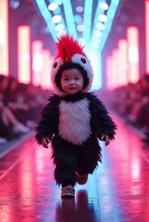 
cute Japanese baby, very cute with woodpecker costume walking in a fashion show with neon flash lights,