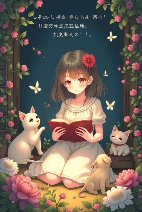 Anime girl surrounded by magic books reading, puppies, Cat and Flowers and the text "Albatbma nasiba niki tu hosto ma roghan loly abatha" floating above her