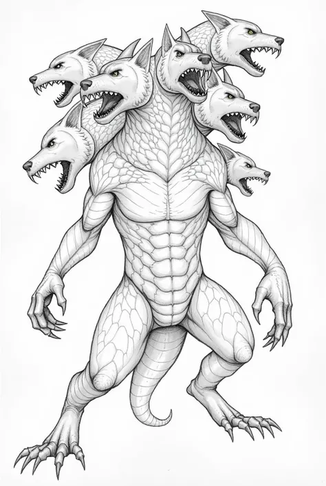 paper pencil sketches of a mythological monster with 7 dog heads and a lizards body on four legs