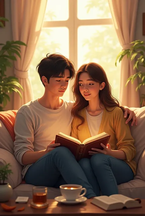 Create an image of two friends reading a book 