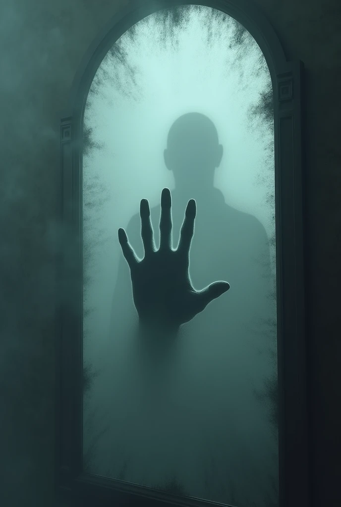 A foggy mirror with a shadowy handprint appearing on its surface, faint outlines of a figure visible in the reflection