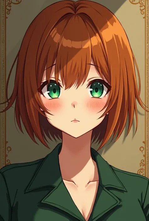 Bsd Anime style woman with short brown orange hair green eyes some moles and old money style