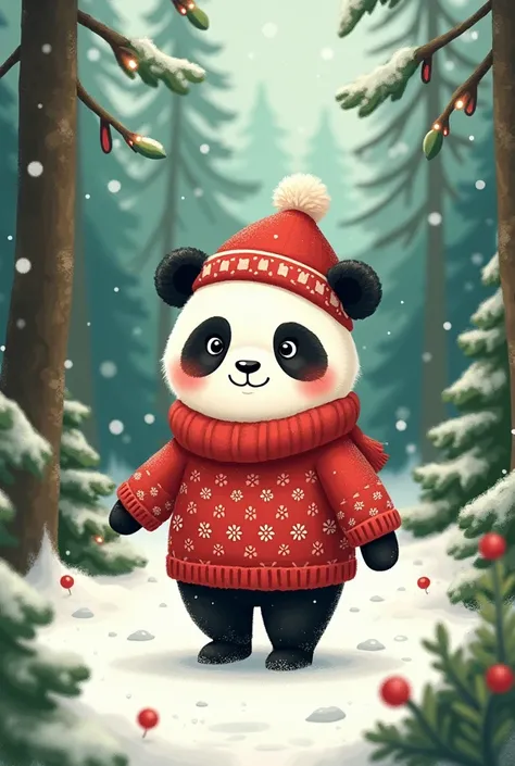 A picture of a panda wearing a red wool sweater and a hat and walking in the forest, in the style of rens book stories and a wonderful Christmas atmosphere 