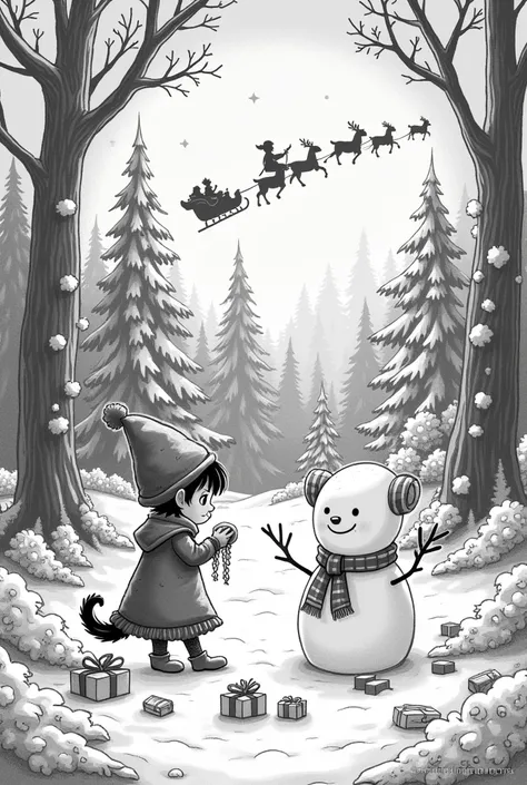 Create a drawing to color in black and white about a magical Christmas where the main theme is sustainability in the forest, where ren can be seen making snowmen, gifts, lots of trees and Santa Claus flying in the sleigh.