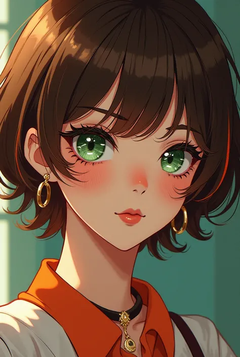 90s Anime style woman with short brown hair with orange Highlights, green eyes some moles and old money style