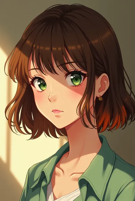 Old Anime style woman with short brown hair with orange Highlights, green eyes some moles and old money style