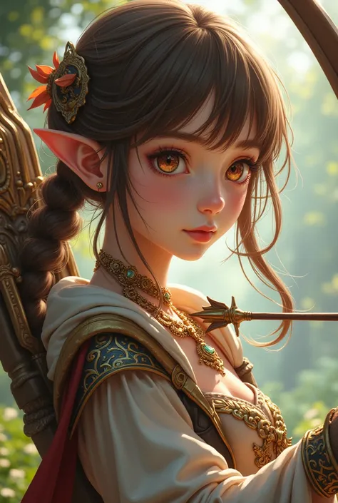 Anime Fantasy human girl with brown hair and hazel eyes. With a hazel  gemstone necklace. She is wear fantasy clothes and she hold bow and arrow 