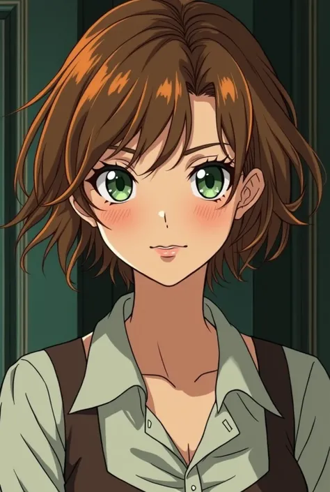 Older Anime style woman with short brown hair with orange Highlights, green eyes some moles and old money style