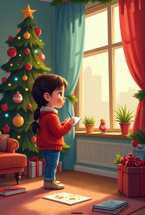 Little Emily  drawing style story books for young ren illustration drawn by blesits by the window in the living room decorated with Christmas ornaments. She wears a red wool sweater and blue jeans, looking outside sadly. The room is filled with Christmas d...