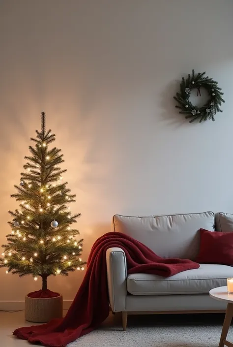 A minimalist living room decorated for Christmas, with a blank white wall as the backdrop, giving the room an open and serene feel. The scene is set at night, with soft lighting casting a warm, tranquil glow across the space. A small Christmas tree stands ...