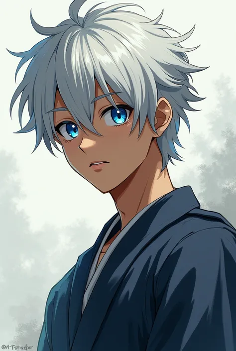 Young man with brown skin
Short, messy white hair
Blue eye pupil
Japanese button uniform 
Anime style 