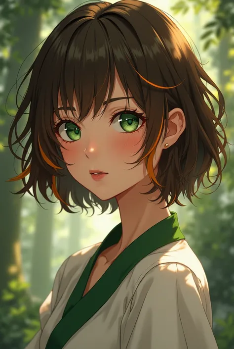 Princesse mononoke Anime woman with short brown hair with orange Highlights, green eyes some moles and old money style not showing to much skin