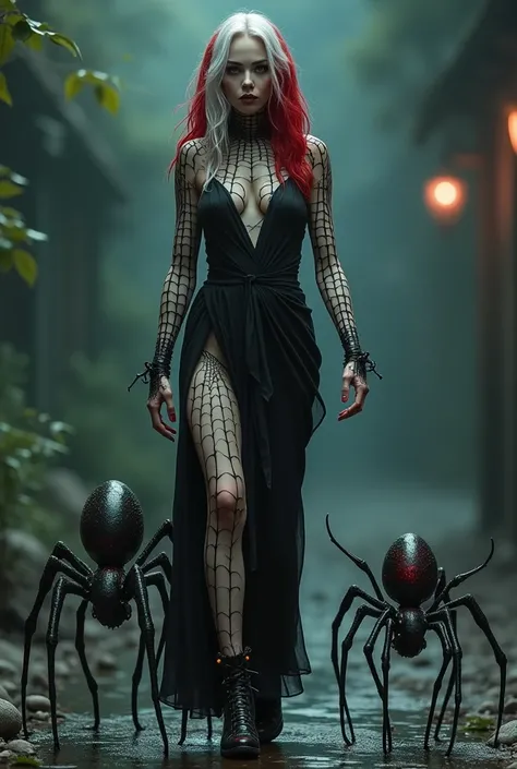 best quality,4k,8k,highres,masterpiece:1.2),ultra-detailed,(realistic,photorealistic,photo-realistic:1.37),1girl,woman with spider-like features,red and white hair, detailed dark gray and dark red clothes made of spider web, barefoot, walking with two spid...