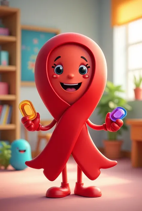 Create a mascot for the STIs awareness campaign ,  including Red December . The mascot will be a red ribbon ,  campaign symbol , holding condoms and in the background representing a play area in an office hall.  The pose is friendly ,  inviting and inspiri...