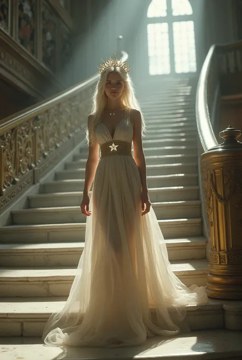 girl with pale skin, platinum hair, a star necklace around her neck, wearing a delicate Greek dress and a delicate crown, she walks down the stairs of the castle