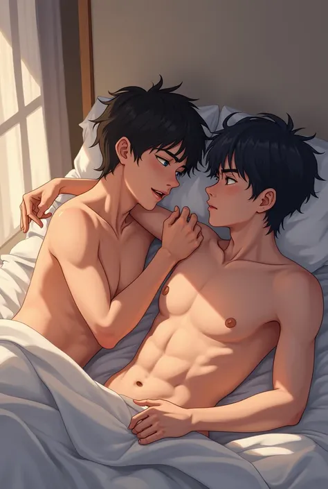 2 boys doing it on bed, without clothes. Manhwa style