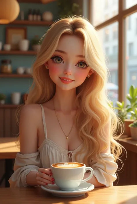 
(( best quality)), ((  masterpiece )), (detailed),  Beautiful blonde girl with long hair, who has a very natural face, She takes a cute selfie at a cafe 