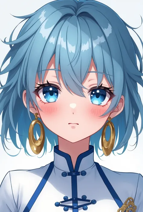 Young woman with white skin
Short wavy blue hair
Blue eye pupil
Large gold-colored earrings
White Chinese suit with blue details
Anime style 