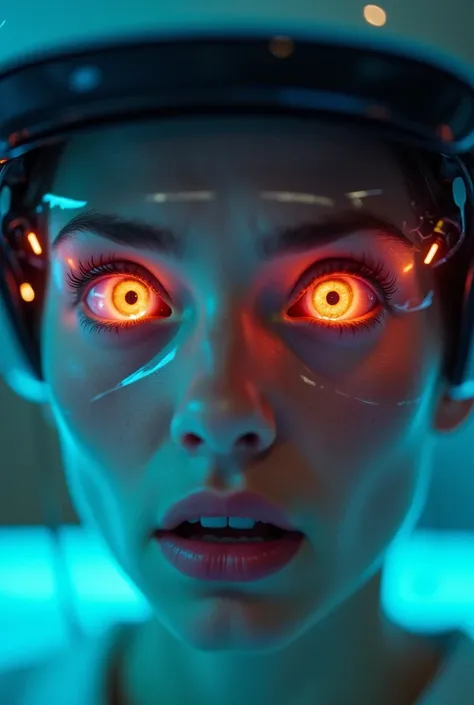 4K ultra-realistic, shot with Sony A7RIV, a close-up of a test subject with wide, terrified eyes. Their face is partially covered by a futuristic headset that emits faint pulses of multicolored light. The background is a blur, creating a sense of altered p...