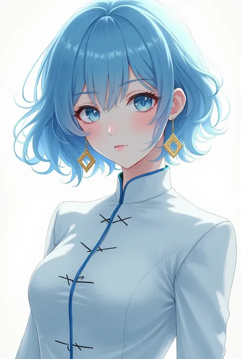 Adult woman with white skin
Short wavy blue hair
Blue eye pupil
Large gold-colored earrings
White Chinese suit with blue details
Anime style 